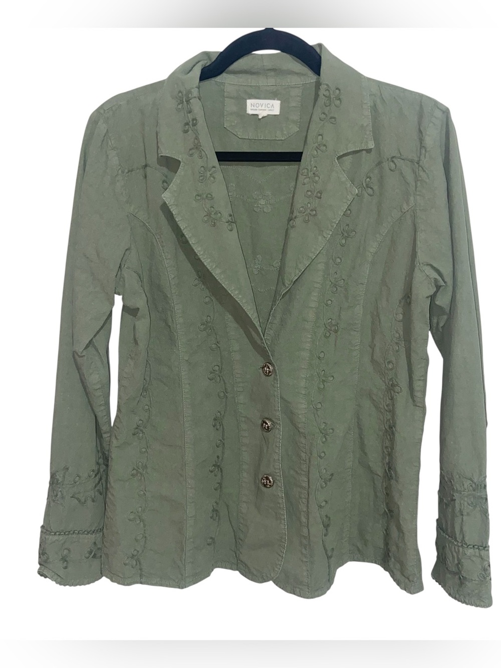 Novica Shirt Jacket Womens Medium Embroidered Button Olive Green Boho Grunge
